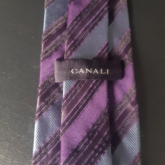 Canali 100% Silk Men's Neck Tie, Purple & Grey Diagonal Stripes - Picture 6 of 12